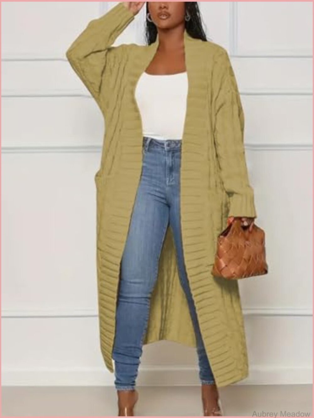 Long Knit Cardigan Sweater Open Front Duster Ribbed Pattern - Picture 3 of 7